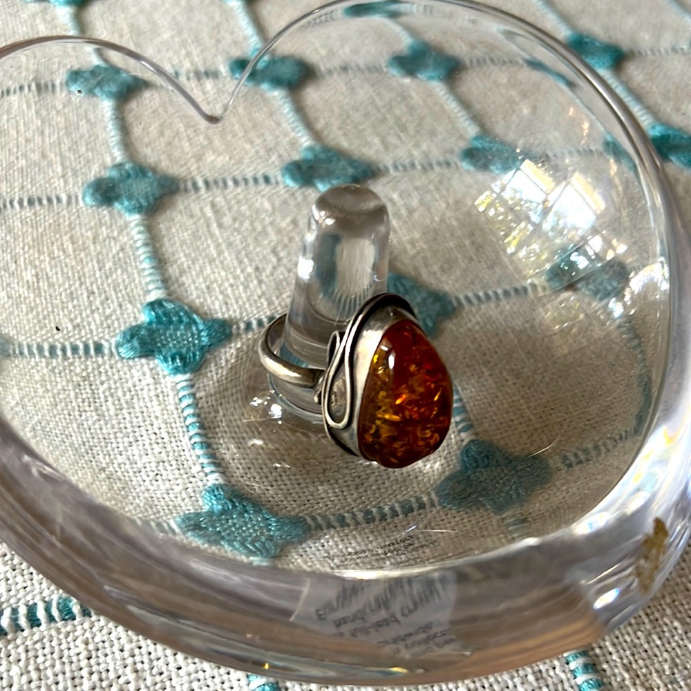 Amber and sterling silver ring